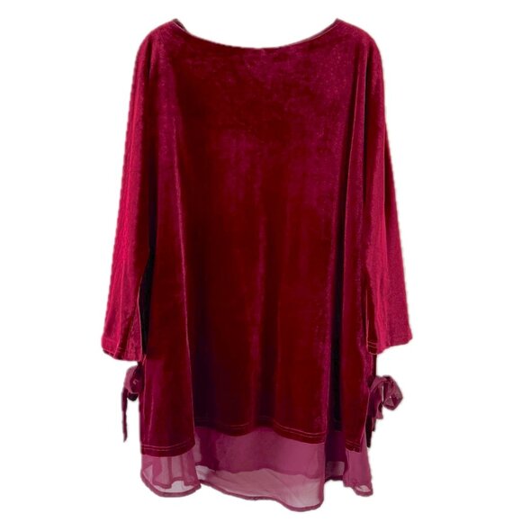 Suzanne Betro 2X BURGUNDY Velvet Tunic Top with Bell Sleeves Chiffon Hem - Picture 2 of 12